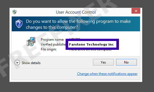 Screenshot where Farstone Technology Inc appears as the verified publisher in the UAC dialog